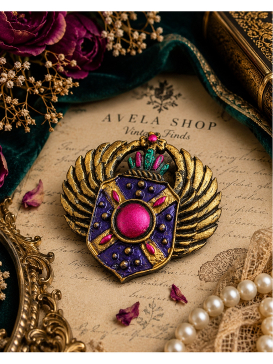 Jewelry - Vintage 1980s Egyptian Revival Winged Shield Brooch – Bold Purple Pink Enamel